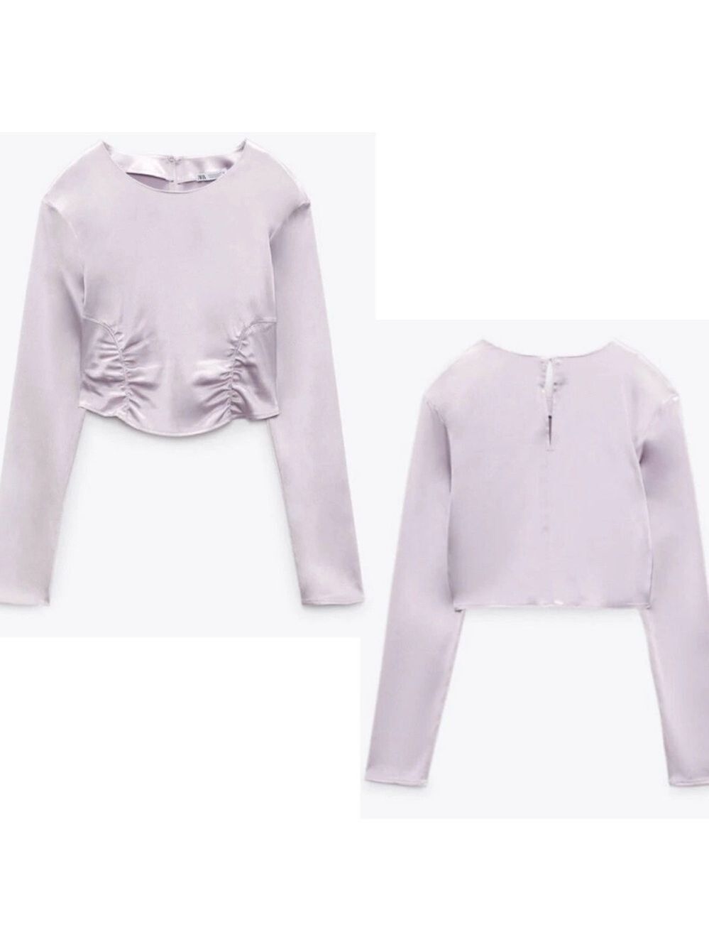 Zara Women Lilac lavender purple Satin Effect Ruched Long Sleeve Cropped Blouse